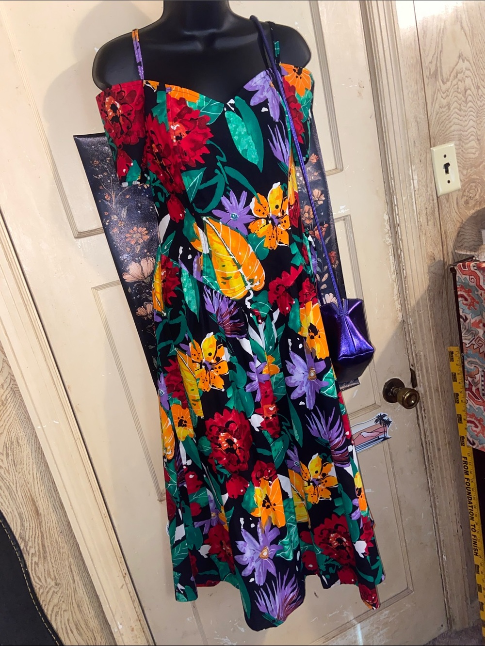VTG EBER FLORAL 80s DRESS NWOT Stunning Print Tapered Waist Off the Shoulders